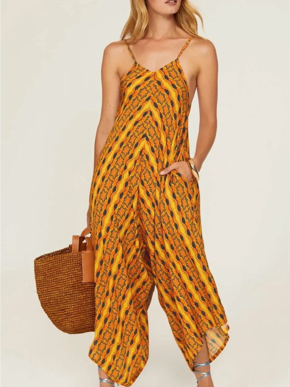 KAHINDO Kano African Tribal Printed Yellow Orange Wide-Leg Jumpsuit EUC SMALL